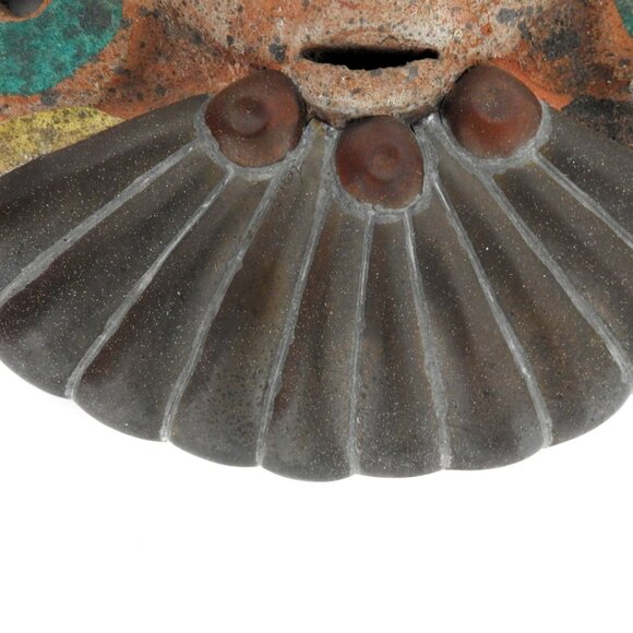 Aztec Mayan Warrior Terracotta Clay Wall Mask Alligators Brass Beard 10" Mexico - Picture 6 of 11